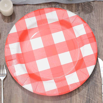 10 Pack Red / White Buffalo Plaid Disposable Serving Trays, Round Checkered Sunray Cardboard Charger Plates 350 GSM 13"