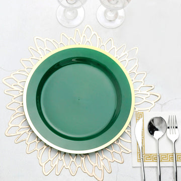 10 Pack Regal Hunter Emerald Green and Gold Plastic Dinner Plates - Round 10"