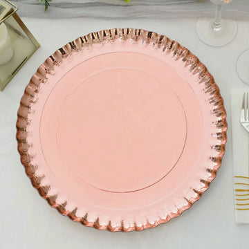 10 Pack Rose Gold Heavy Duty Paper Charger Plates, Disposable Serving Tray Round With Scalloped Rims 1100 GSM 13"