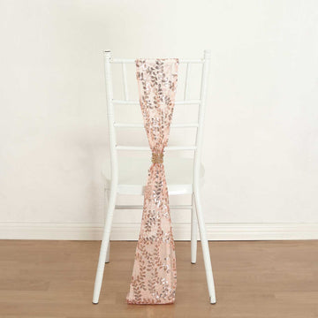 5 Pack Rose Gold Leaf Vine Embroidered Sequin Tulle Chair Sashes - 6"x88"