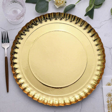 10 Pack Round Heavy Duty Paper Charger Plates, Scallop Rim Gold, Disposable Serving Trays 1100 GSM 13"