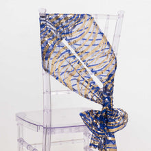 Royal Blue Wave Mesh Chair Sashes With Gold Embroidered Sequins