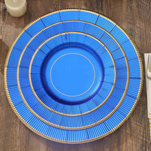 8 Inch Size Royal Blue Paper Plates With Gold Sunray Rim Design
