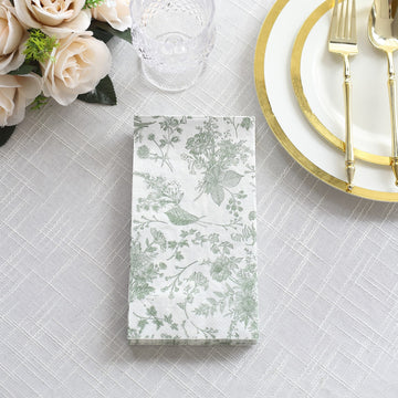 20 Pack White Sage Green Floral Print Dinner Paper Napkins, Soft 2-Ply Highly Absorbent Disposable Party Napkins