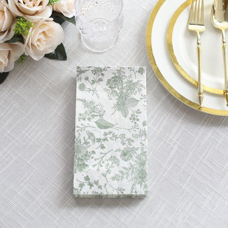 20 Pack Sage Green Floral Toile Print Soft 2-Ply Dinner Paper Napkins, Highly