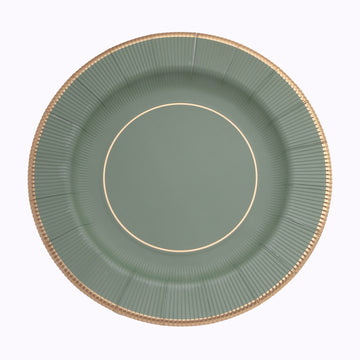 Elegant Sage Green Sunray Disposable Serving Plates with Gold Rim
