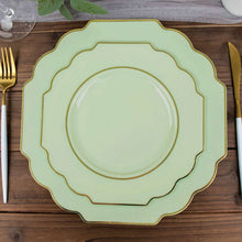 10 Pack Sage Green Hard Plastic Dessert Appetizer Plates, Disposable Tableware, Baroque Heavy Duty Salad Plates with Gold Rim 8"