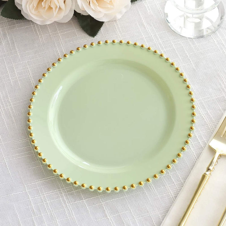 10 Pack Sage Green Plastic Appetizer Dessert Plates with Gold Beaded Rim, Disposable Round