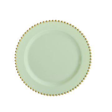 Elegant Sage Green Plastic Plates with Gold Beaded Rim
