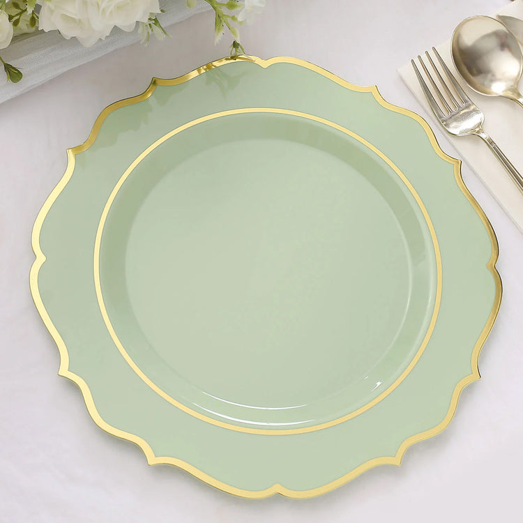 10 Inch Sage Green Plastic Plates Set Of 10 Pack With Gold Scalloped Rim