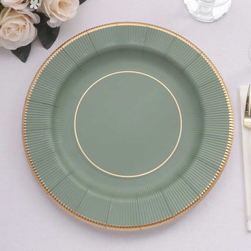 25 Pack Sage Green Sunray Disposable Serving Plates with Gold Rim, 13" Round Heavy Duty Paper Charger Plates - 350 GSM