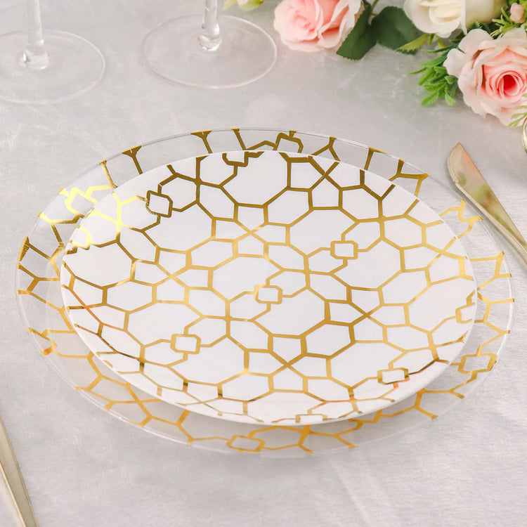 Gold Print 9 Inch 7 Inch White Clear Geometric Salad Dinner Plates