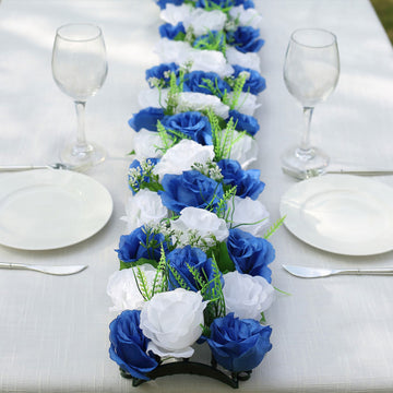 6 Pack White Royal Blue Silk Rose Flower Panel Table Runner, Artificial Floral Arrangements Dining Table Decor - 20"x8"