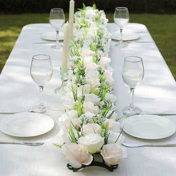 Elevate Your Table with the Cream Ivory Silk Rose Flower Panel Table Runner