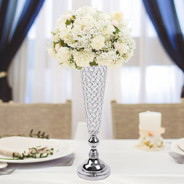 Elegant Silver Crystal Beaded Trumpet Vase Set
