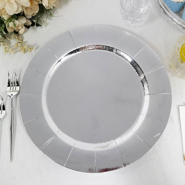 Round Cardboard Serving Tray 13 Inch Silver Leathery Texture