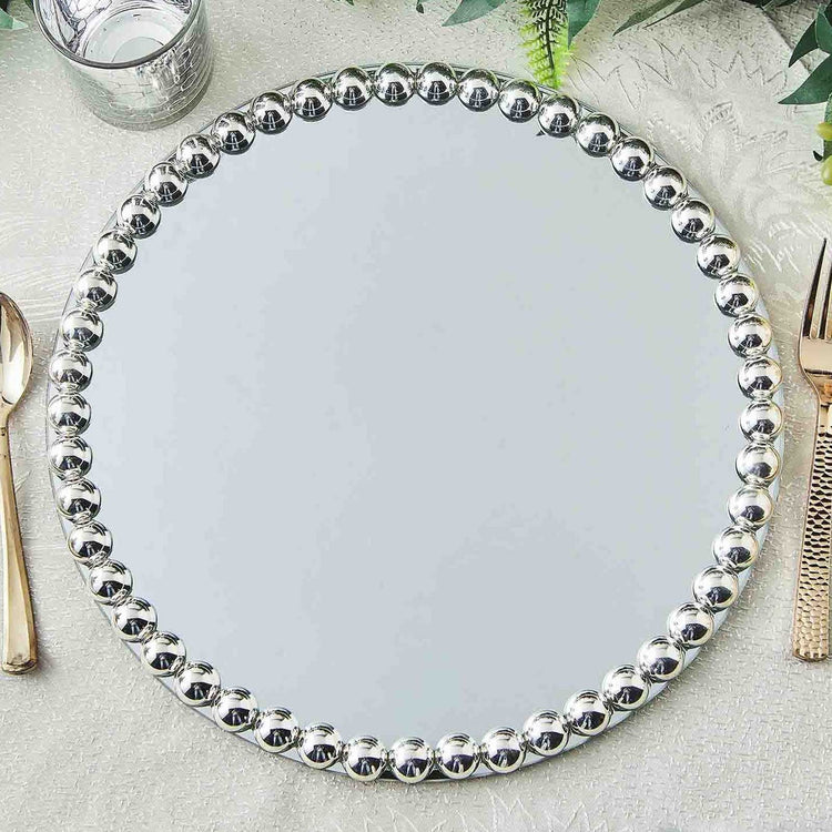 13 Inch Silver Mirror Glass Charger Plates with Pearl Beaded Rim 2 Pack