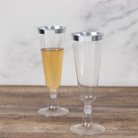 12 Pack Silver Rim Clear Short Stem Plastic Champagne Glasses, Disposable Trumpet Flutes With Detachable Base 5oz