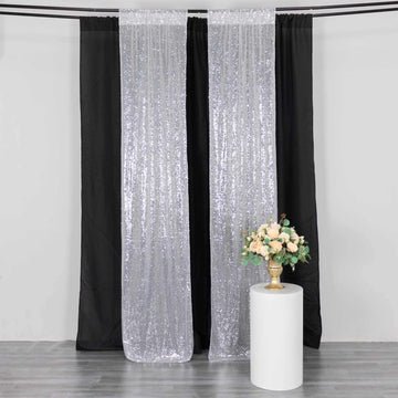 2 Pack Silver Sequin Divider Backdrop Curtain Panels with Rod Pockets, Seamless Glitter Mesh Photo Booth Event Drapes - 8ftx2ft