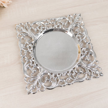 6 Pack Silver Square Acrylic Charger Plates with Hollow Lace Border, Dinner Chargers Event Tabletop Decor - 12"