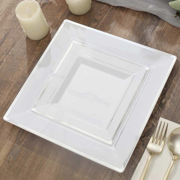 10 Pack Silver Trim White Plastic Square Dessert Plates, Disposable Appetizer Salad Plates 7"