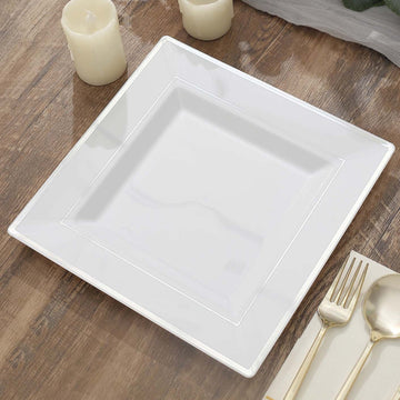 Elegant Silver Trim White Square Plastic Dinner Plates
