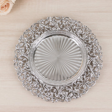 6 Pack Silver Vintage Floral Acrylic Charger Plates With Carved Borders, Round Dinner Charger Event Tabletop Decor - 13"