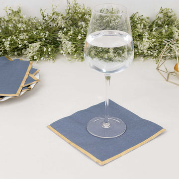 Dusty Blue Soft 2 Ply Paper Beverage Napkins with Gold Foil Edge