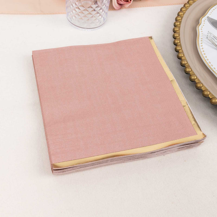 50 Pack Soft Dusty Rose 2 Ply Paper Beverage Napkins with Gold Foil Edge, Disposable Cocktail Napkin