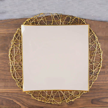 Elegant Taupe and Gold Concave Square Plastic Dinner Plates
