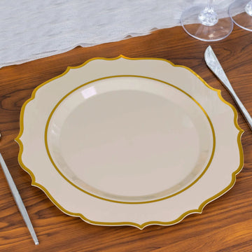 10 Pack Taupe Gold Plastic Dinner Plates, Disposable Tableware Round With Gold Scalloped Rim 10"