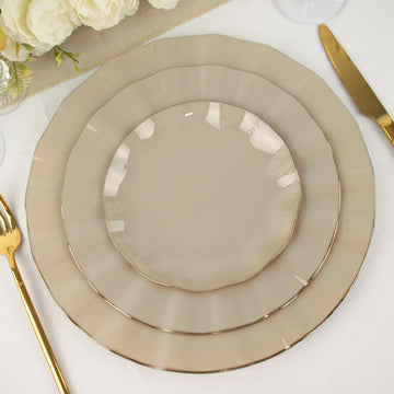 10 Pack Taupe Hard Plastic Dessert Plates with Gold Ruffled Rim, Heavy Duty Disposable Salad Appetizer Dinnerware 6"