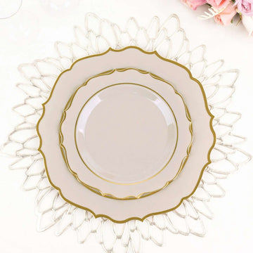 10 Pack Taupe Plastic Dessert Salad Plates, Disposable Tableware Round With Gold Scalloped Rim 8"