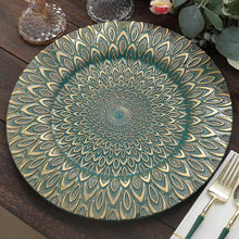 Acrylic Charger Plates - Teal / Gold Hard Plastic Round Plates with Embossed Peacock Pattern - 13 in