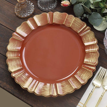 6 Pack Terracotta (Rust) Acrylic Plastic Charger Plates With Gold Brushed Wavy Scalloped Rim 13" Round