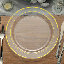 10 Pack | 10inch Très Chic Gold Rim Clear Plastic Dinner Plates, Disposable Party Plates