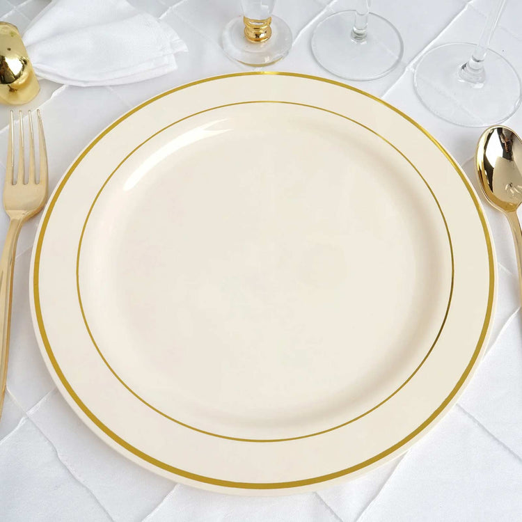 Pack Of 10 Ivory With Tres Chic Gold Rim Plastic Dinner Plates 10 Inch Disposable