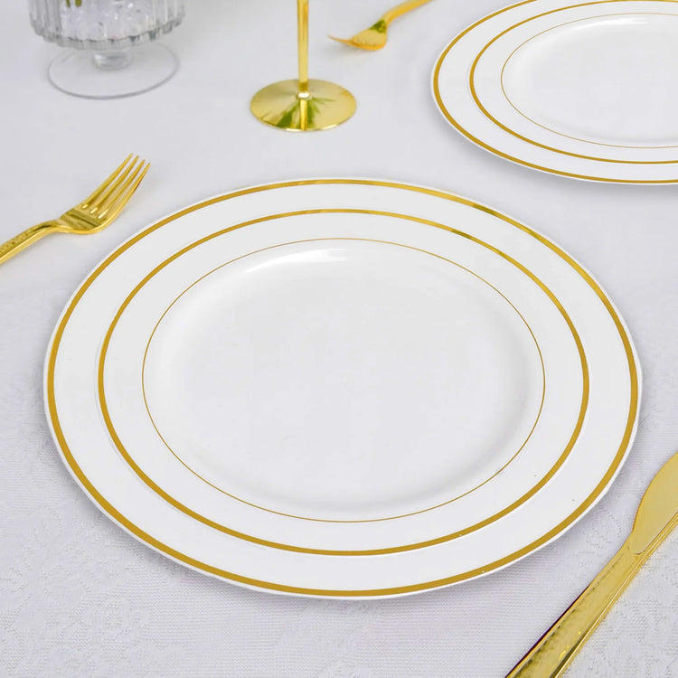 Set Of 10 Disposable 8 Inch White Plastic Plates With Tres Chic Gold Rim