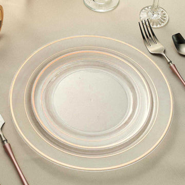 10 Pack Très Chic Rose Gold Rim Clear Plastic Dessert Appetizer Plates, Disposable Salad Plates 8"