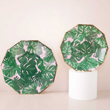 25 Pack Tropical Palm Leaf Dinner Paper Plates, Disposable Plates Geometric Decagon Shaped Pink/Green With Gold Rim 9"