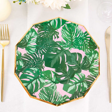 25 Pack Tropical Palm Leaf Dinner Paper Plates, Disposable Plates Geometric Decagon Shaped Pink/Green With Gold Rim 9"