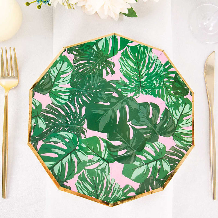 Tropical Palm Leaf Dinner Plates 25 Pack 9 Inch Disposable Paper Gold Rim