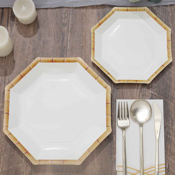 25 Pack White Bamboo Print Rim Geometric Dessert Paper Plates, Octagonal Disposable Appetizer Salad Party Plates 7"