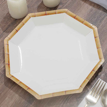 25 Pack White Bamboo Print Rim Geometric Dinner Paper Plates, Octagonal Disposable Party Plates 9"
