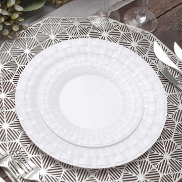 10 Pack White Basketweave Rim Plastic Salad Dessert Plates, Round Disposable Appetizer Plates 7"