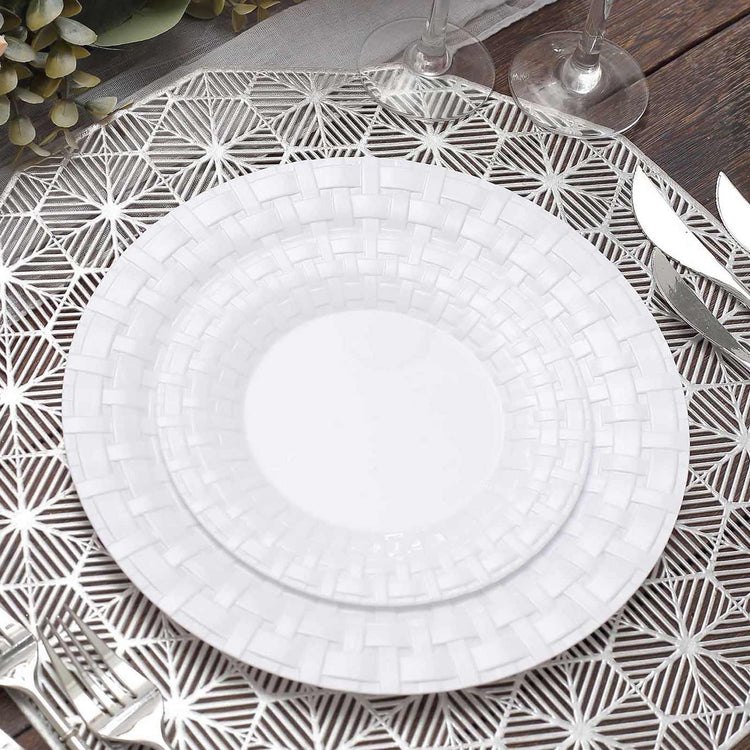 10 Pack White Hard Plastic Dessert Plates With Basketweave Rim Style