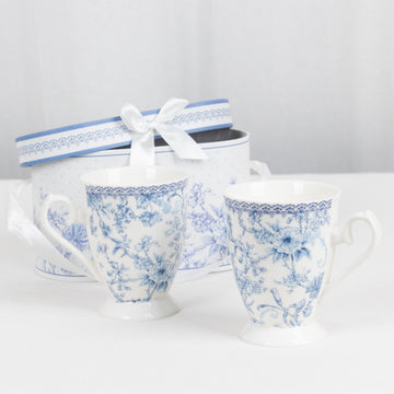 White Blue Chinoiserie Bridal Shower Gift Set, 2 Pack Porcelain Coffee Mugs With Matching Keepsake Gift Box and Satin Ribbon Handle