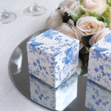 25 Pack White Blue Chinoiserie Floral Print Paper Gift Boxes, Cardstock Party Shower Candy Favor Boxes - 3"x3"x3"