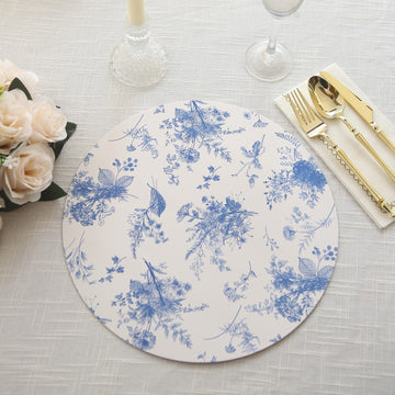 6 Pack White Blue Cardboard Paper Placemats with Chinoiserie Floral Print, 13" Round Disposable Charger Plates - 700 GSM