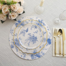 6 Pack White Blue Disposable Serving Trays with Chinoiserie Floral Print, 13inch Round Cardboard